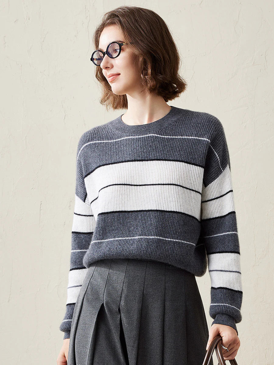 100% Cashmere Women's Striped Crewneck Sweater — Casual, Cozy & Customizable