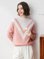 100% Cashmere Women's Mock Neck Sweater — Modern V-Pattern & Relaxed Fit