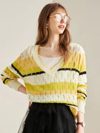 Women's Striped V-Neck 100% Pure Cashmere Sweater - Custom Fit & Embroidery