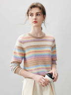 100% Cashmere Women's Rainbow Striped Round Neck Sweater — Soft, Vibrant & Cheerful