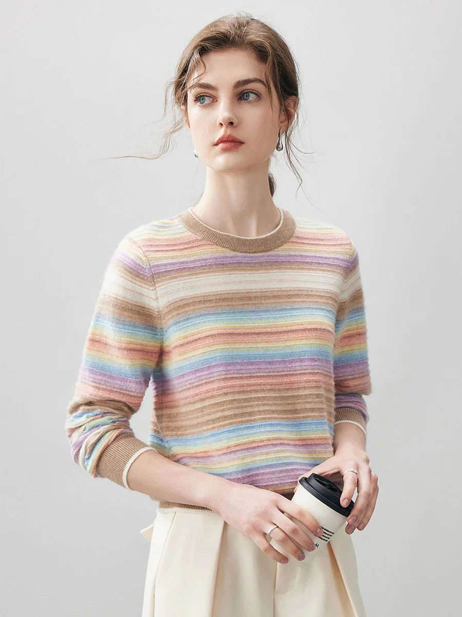 100% Cashmere Women's Rainbow Striped Round Neck Sweater — Soft, Vibrant & Cheerful