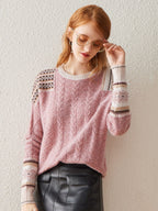 100% Cashmere Women's Cozy Pink Knit Sweater — Elegant Cable Knit & Relaxed Fit