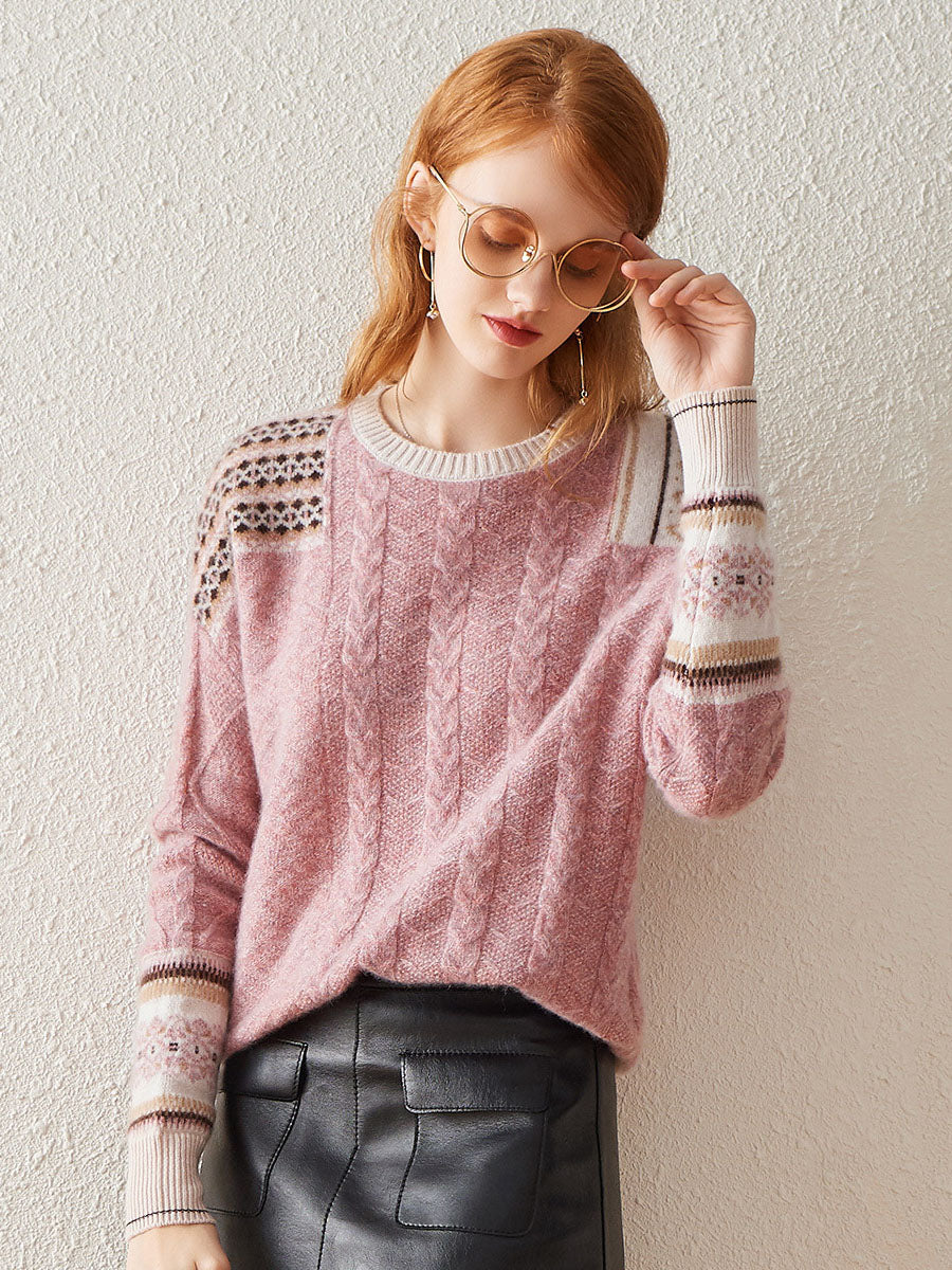 100% Cashmere Women's Cozy Pink Knit Sweater — Elegant Cable Knit & Relaxed Fit