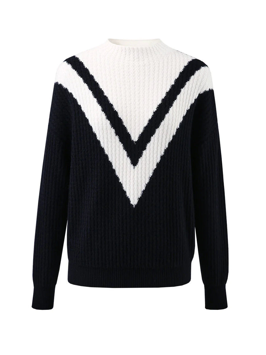 100% Cashmere Women's Mock Neck Sweater — Modern V-Pattern & Relaxed Fit