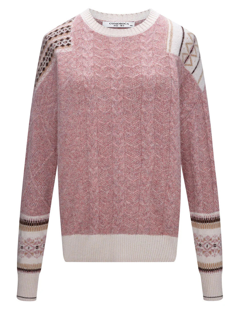 100% Cashmere Women's Cozy Pink Knit Sweater — Elegant Cable Knit & Relaxed Fit