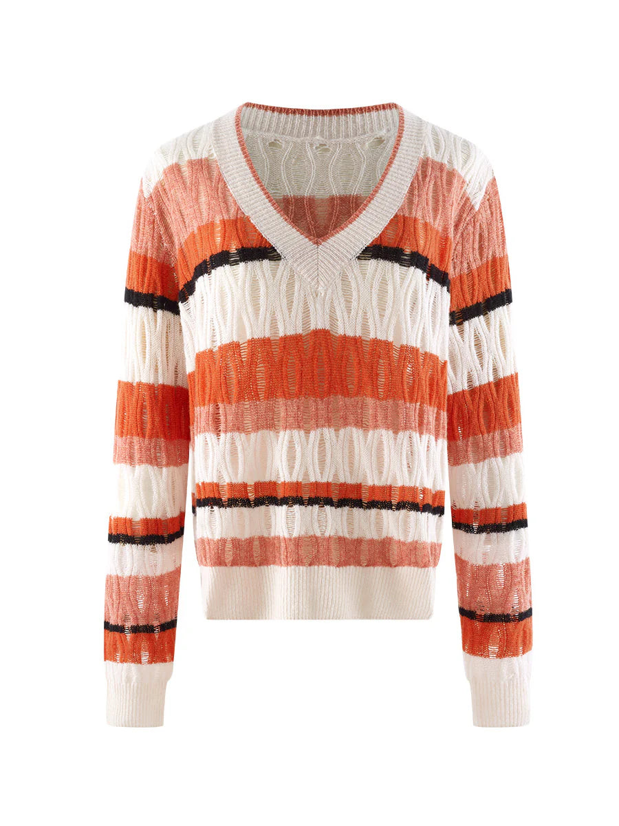 Women's Striped V-Neck 100% Pure Cashmere Sweater - Custom Fit & Embroidery