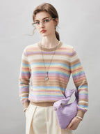 100% Cashmere Women's Rainbow Striped Round Neck Sweater — Soft, Vibrant & Cheerful