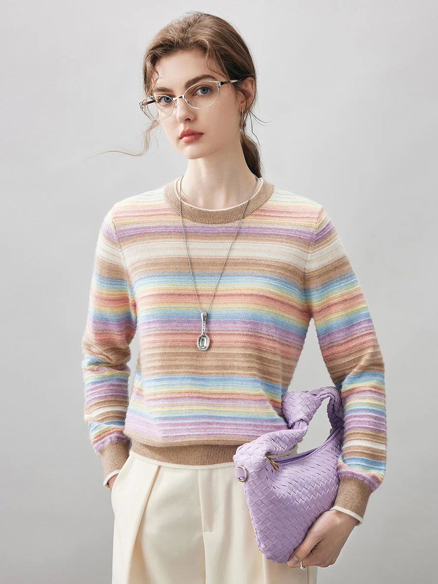 100% Cashmere Women's Rainbow Striped Round Neck Sweater — Soft, Vibrant & Cheerful