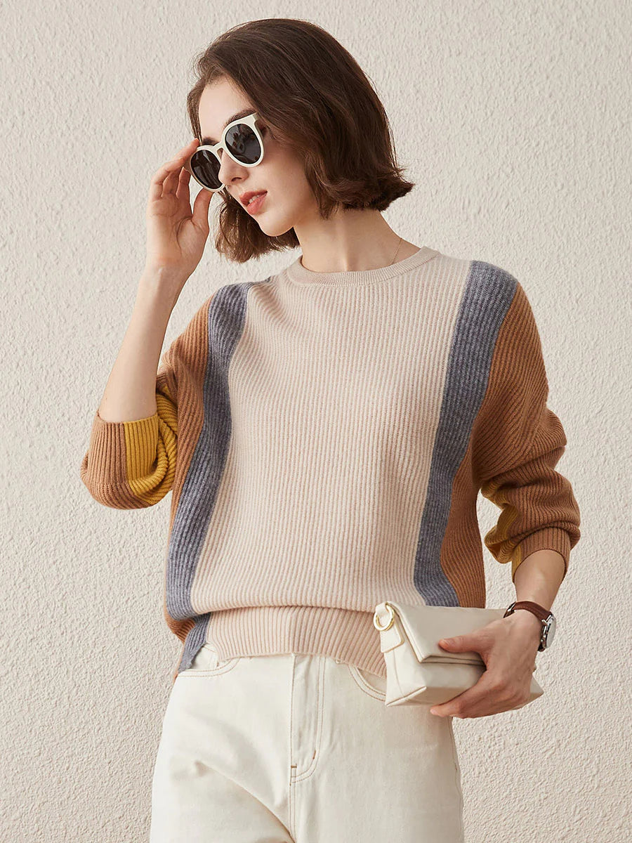 Women's Crew Neck 100% Pure Cashmere Fish Scale Inlay Sweater