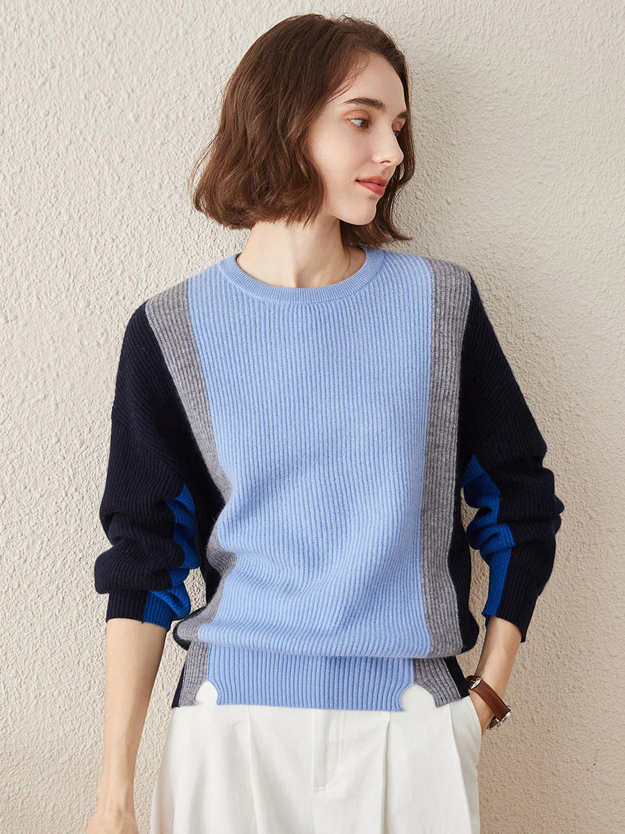 Women's Crew Neck 100% Pure Cashmere Fish Scale Inlay Sweater