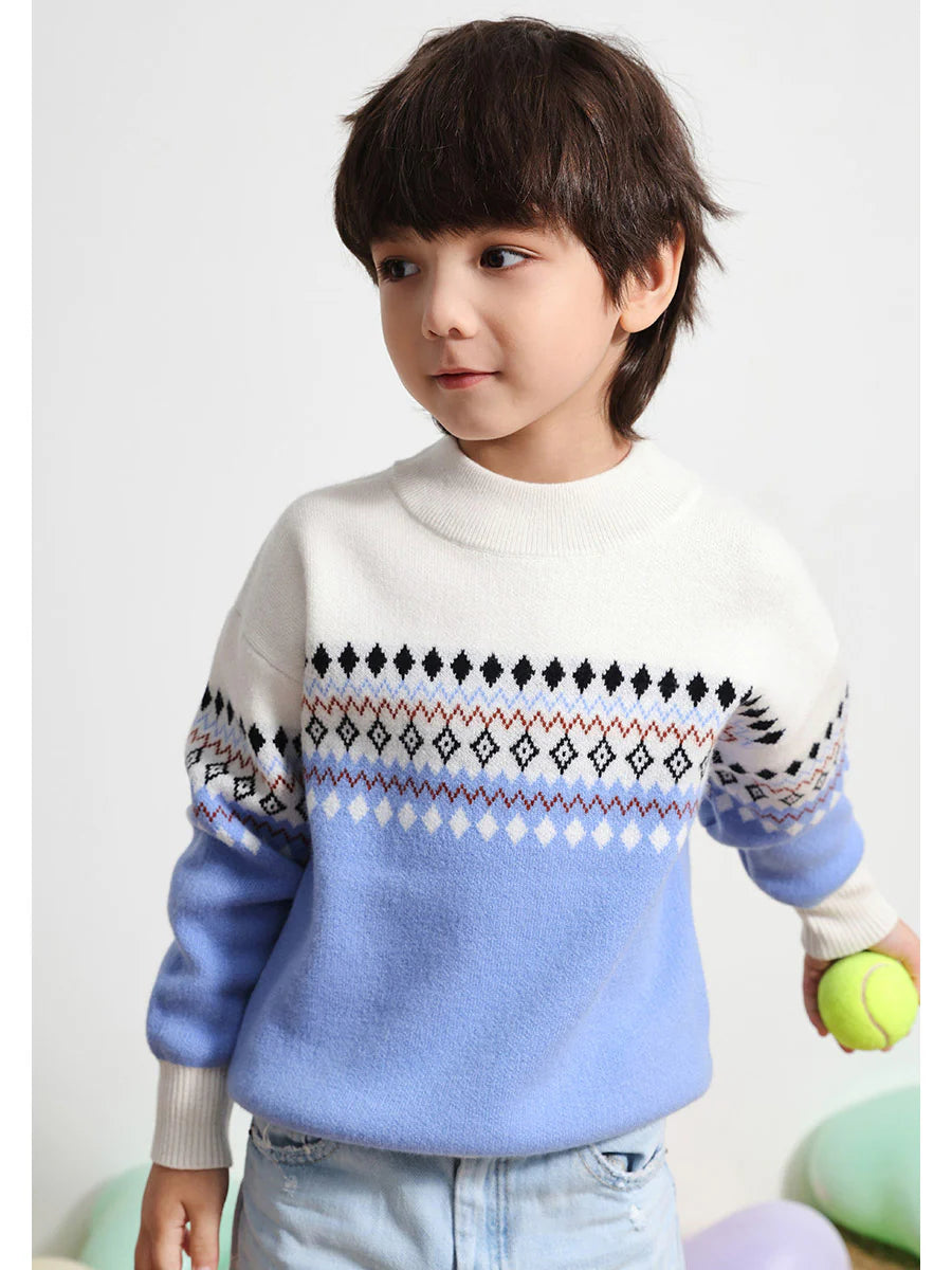 100% Cashmere Kids' Mock Neck Jacquard Sweater