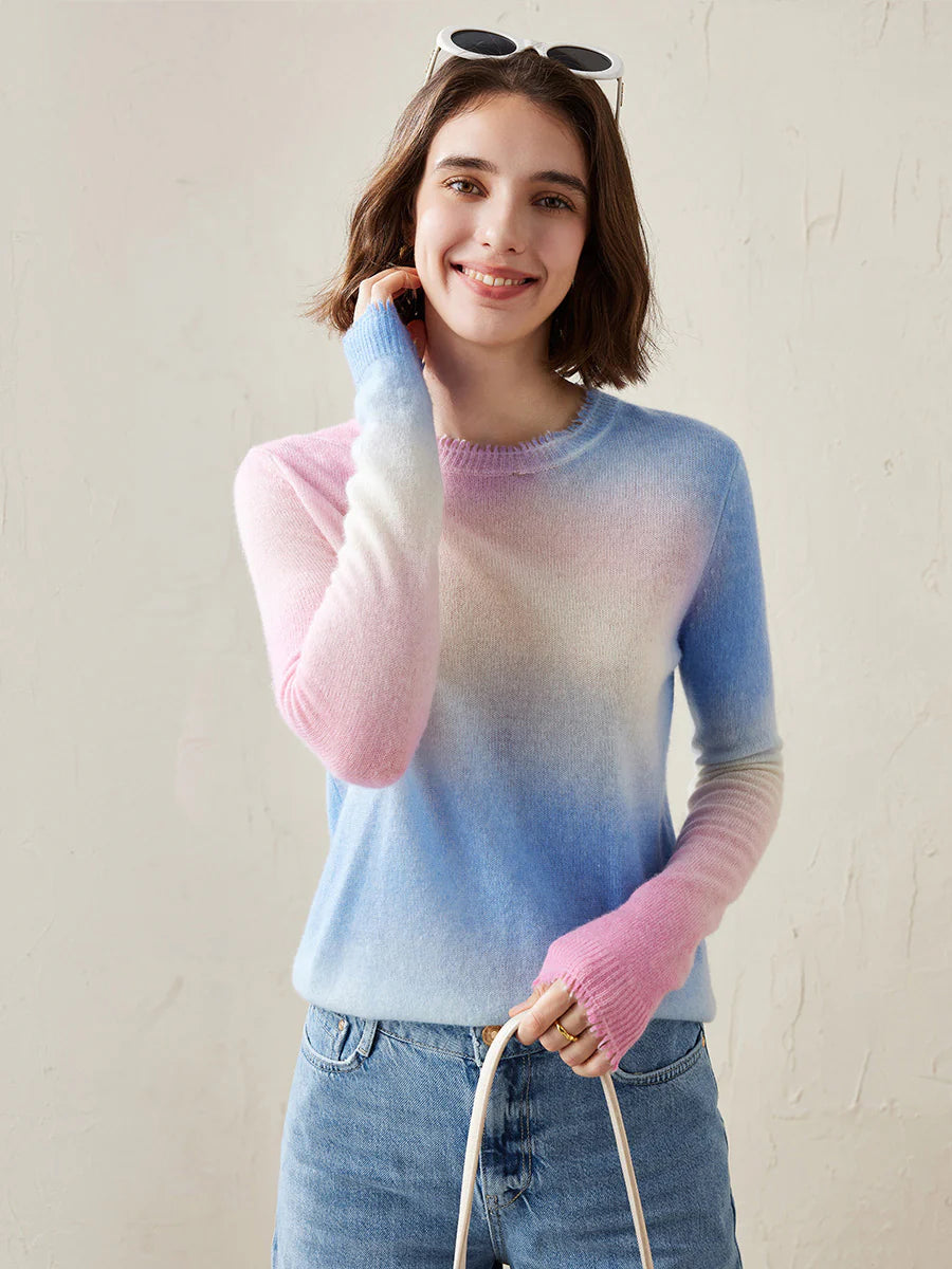 100% Cashmere Gradient Ombre Sweater — Slim Fit, Soft Pastel Fade & Personalized Embroidery