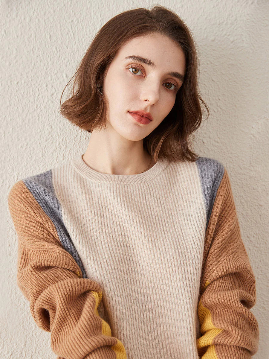 Women's Crew Neck 100% Pure Cashmere Fish Scale Inlay Sweater