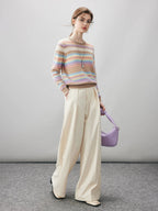 100% Cashmere Women's Rainbow Striped Round Neck Sweater — Soft, Vibrant & Cheerful
