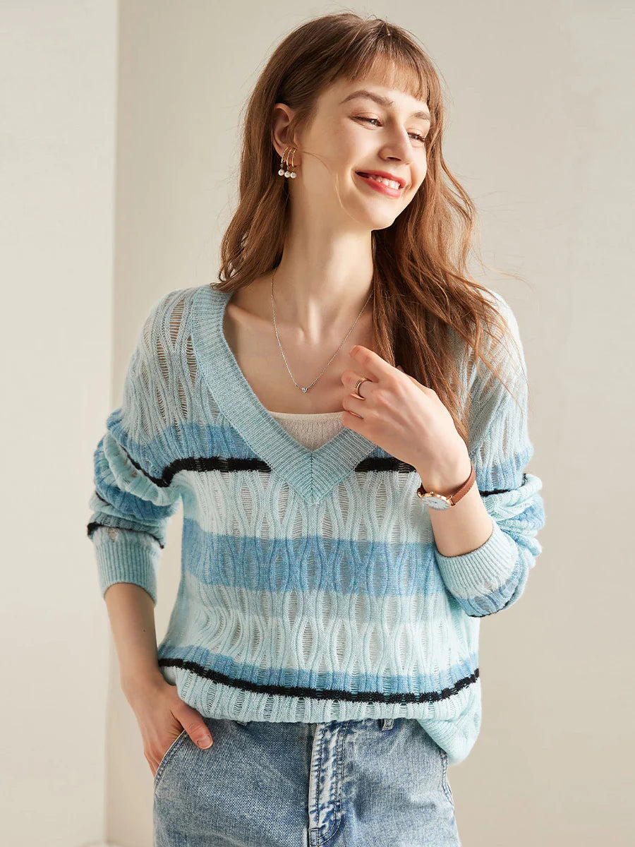 Women's Striped V-Neck 100% Pure Cashmere Sweater - Custom Fit & Embroidery