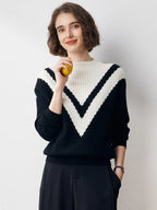 100% Cashmere Women's Mock Neck Sweater — Modern V-Pattern & Relaxed Fit