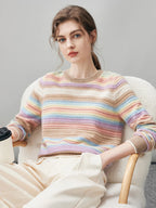 100% Cashmere Women's Rainbow Striped Round Neck Sweater — Soft, Vibrant & Cheerful