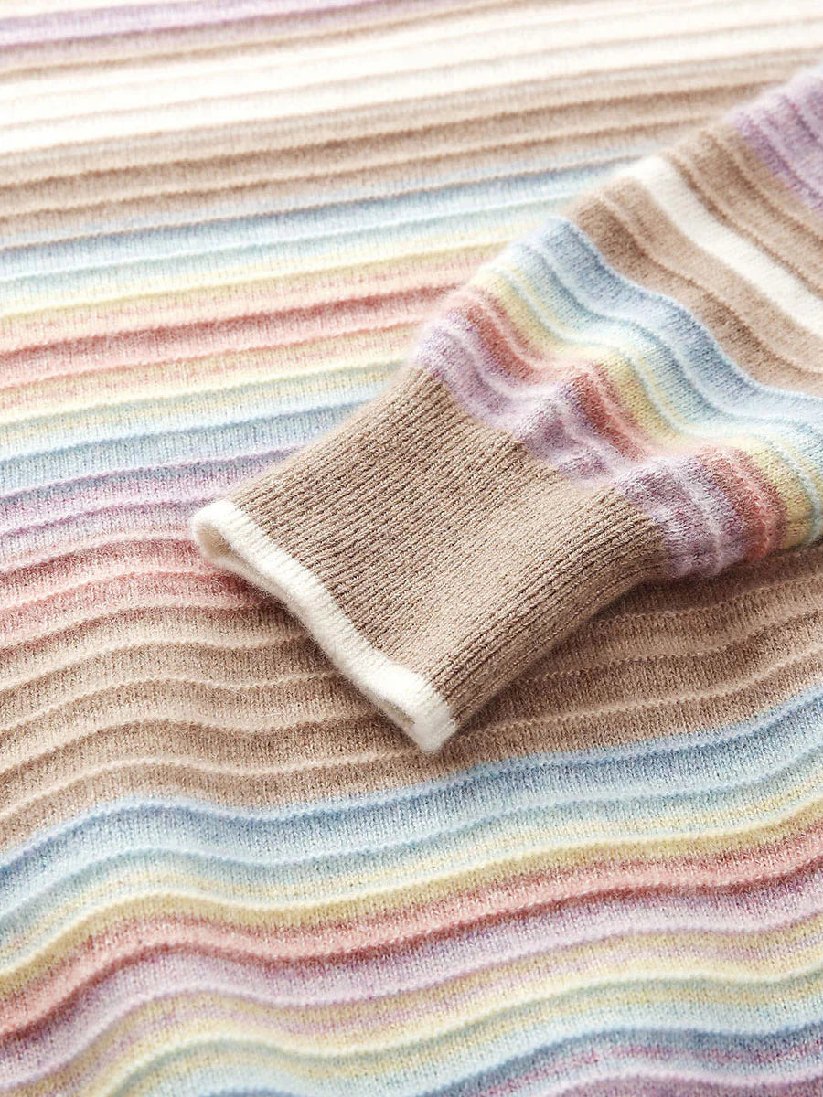 100% Cashmere Women's Rainbow Striped Round Neck Sweater — Soft, Vibrant & Cheerful