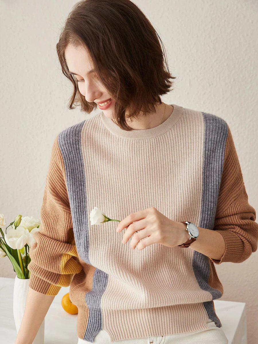 Women's Crew Neck 100% Pure Cashmere Fish Scale Inlay Sweater