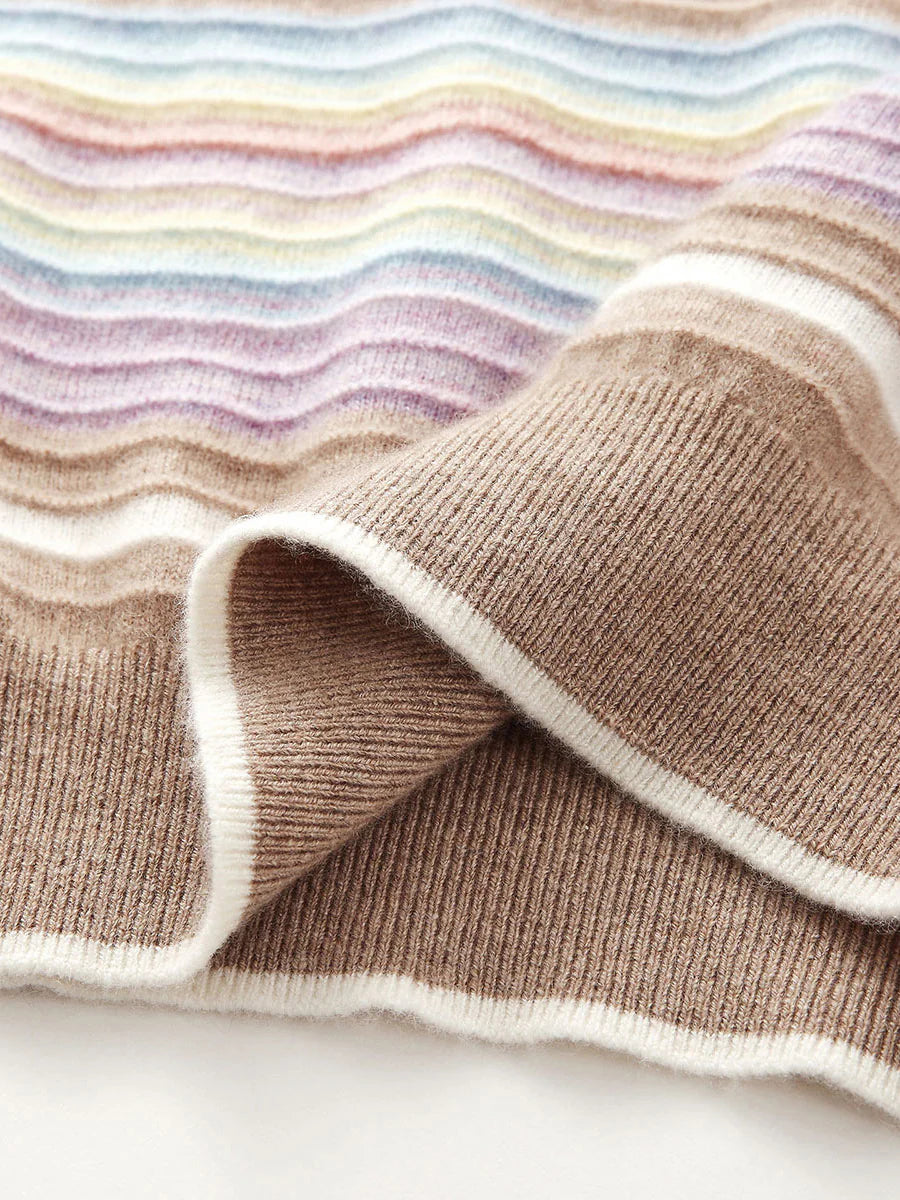 100% Cashmere Women's Rainbow Striped Round Neck Sweater — Soft, Vibrant & Cheerful