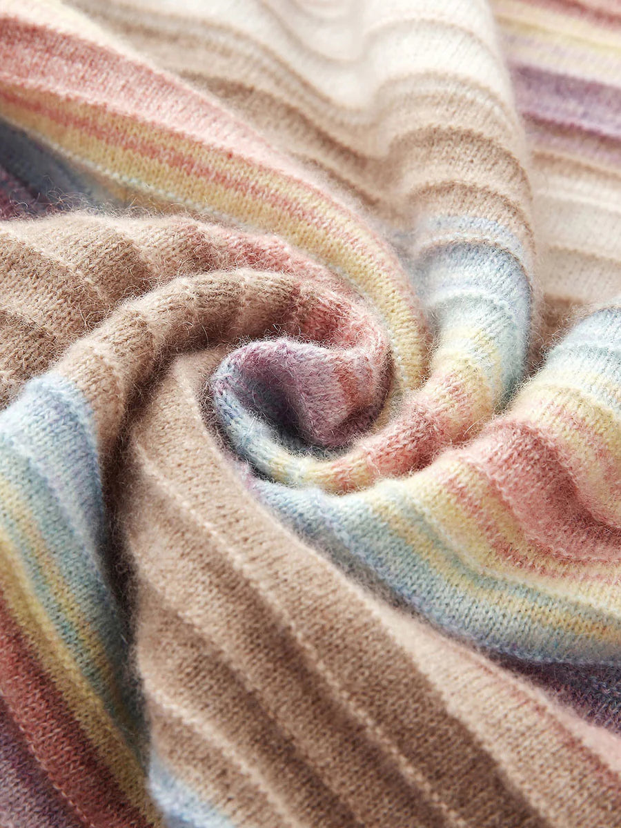 100% Cashmere Women's Rainbow Striped Round Neck Sweater — Soft, Vibrant & Cheerful