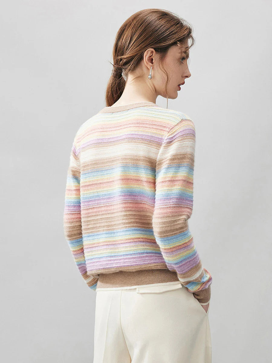 100% Cashmere Women's Rainbow Striped Round Neck Sweater — Soft, Vibrant & Cheerful