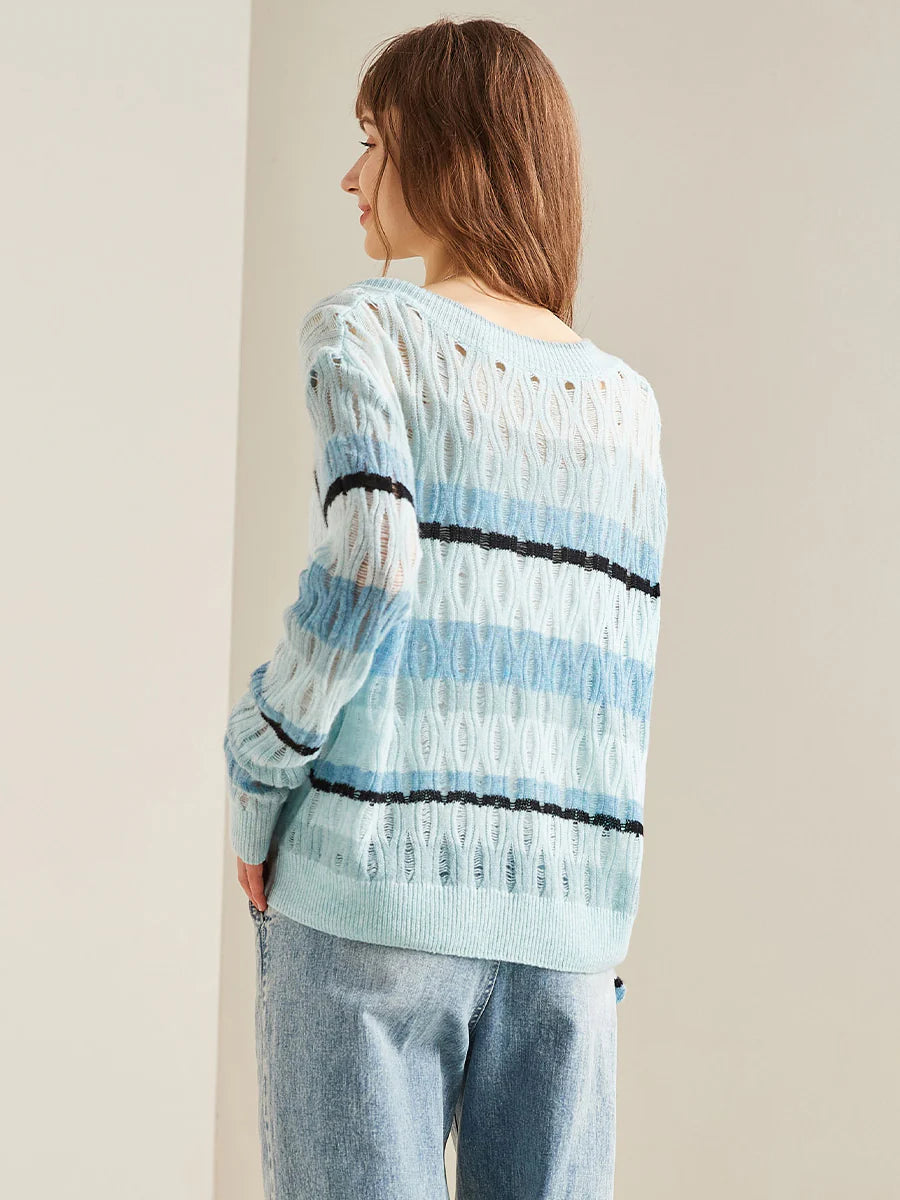 Women's Striped V-Neck 100% Pure Cashmere Sweater - Custom Fit & Embroidery