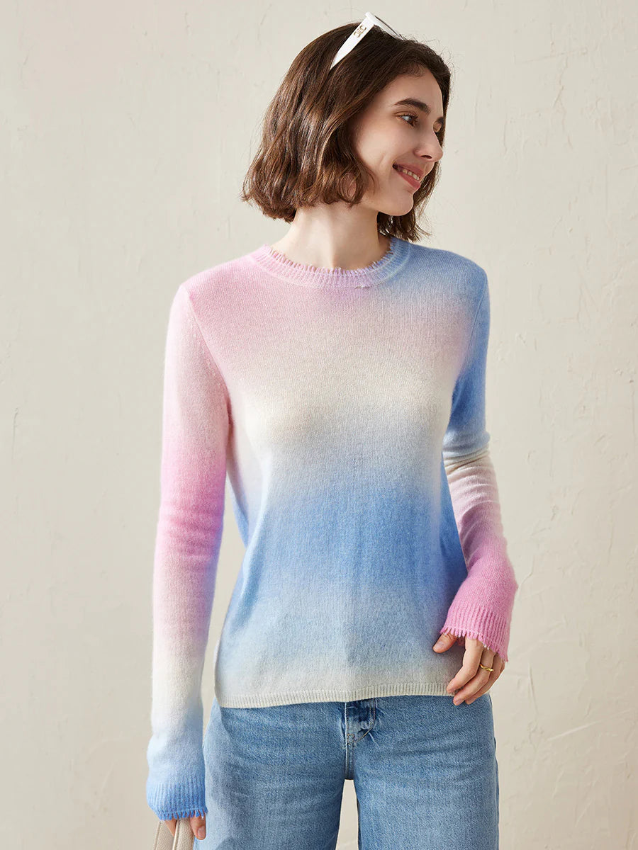 100% Cashmere Gradient Ombre Sweater — Slim Fit, Soft Pastel Fade & Personalized Embroidery
