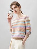100% Cashmere Women's Rainbow Striped Round Neck Sweater — Soft, Vibrant & Cheerful