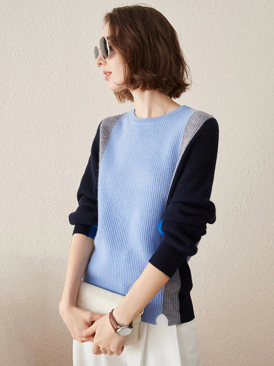 Women's Crew Neck 100% Pure Cashmere Fish Scale Inlay Sweater