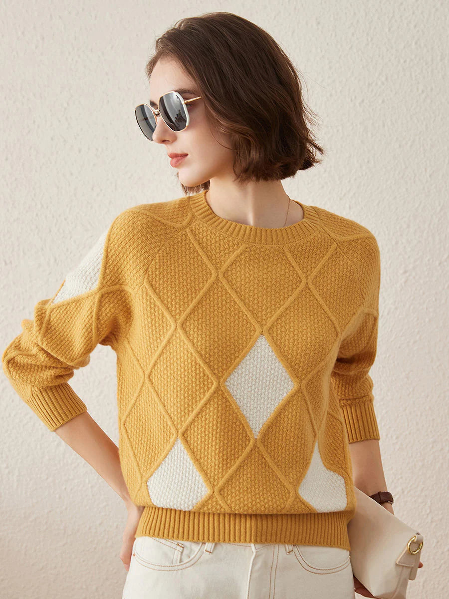 100% Cashmere Women's Sweater — Argyle Intarsia Pattern