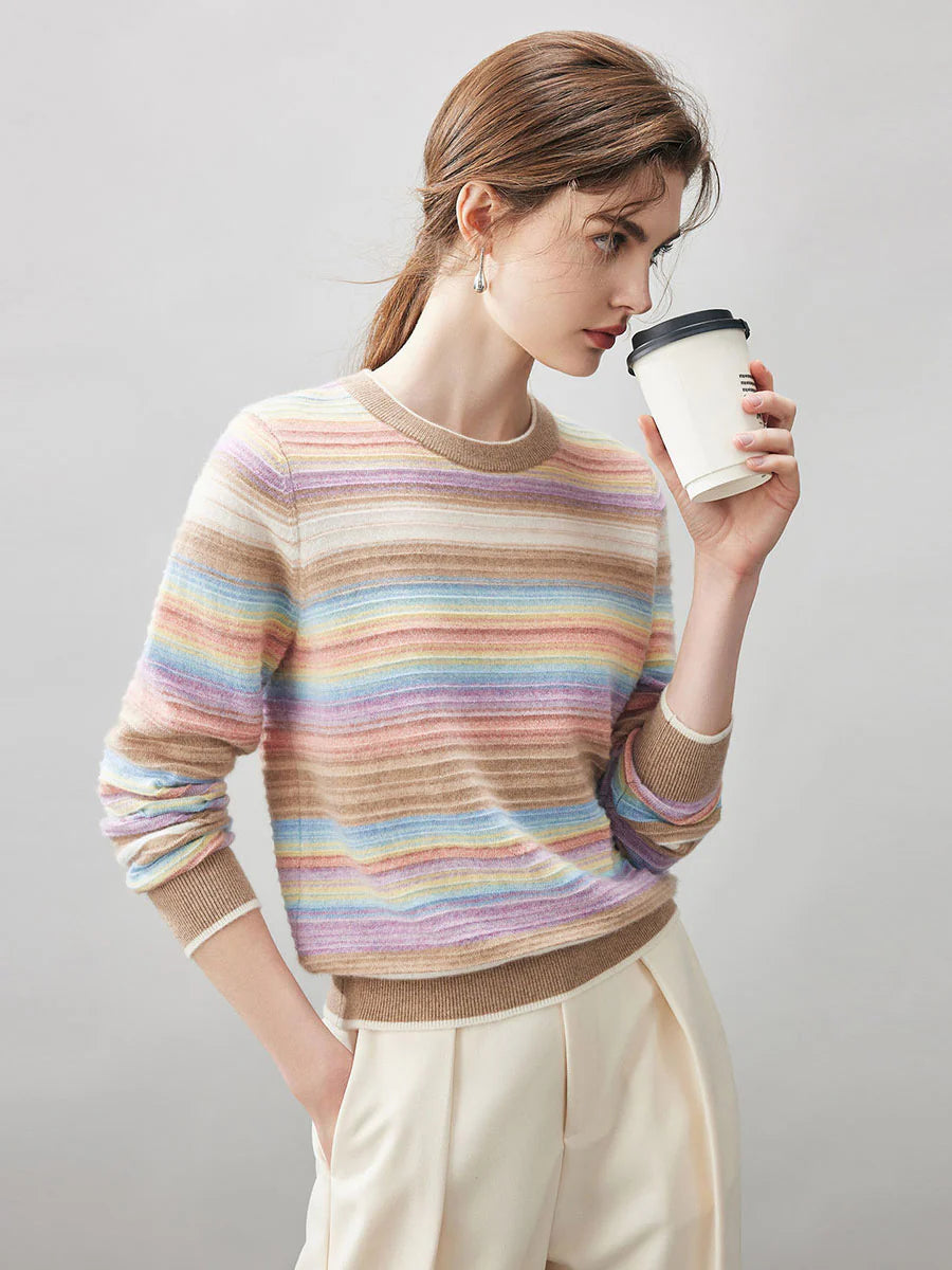 100% Cashmere Women's Rainbow Striped Round Neck Sweater — Soft, Vibrant & Cheerful
