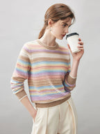 100% Cashmere Women's Rainbow Striped Round Neck Sweater — Soft, Vibrant & Cheerful