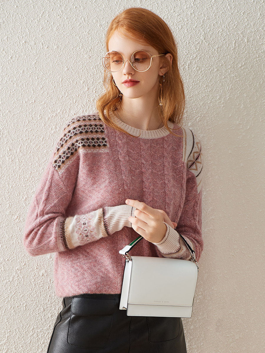 100% Cashmere Women's Cozy Pink Knit Sweater — Elegant Cable Knit & Relaxed Fit