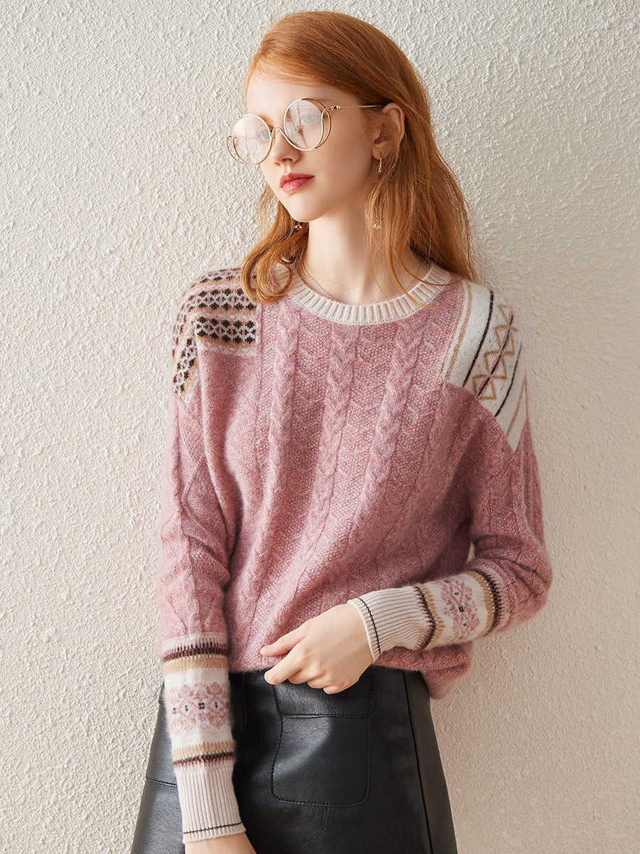 100% Cashmere Women's Cozy Pink Knit Sweater — Elegant Cable Knit & Relaxed Fit