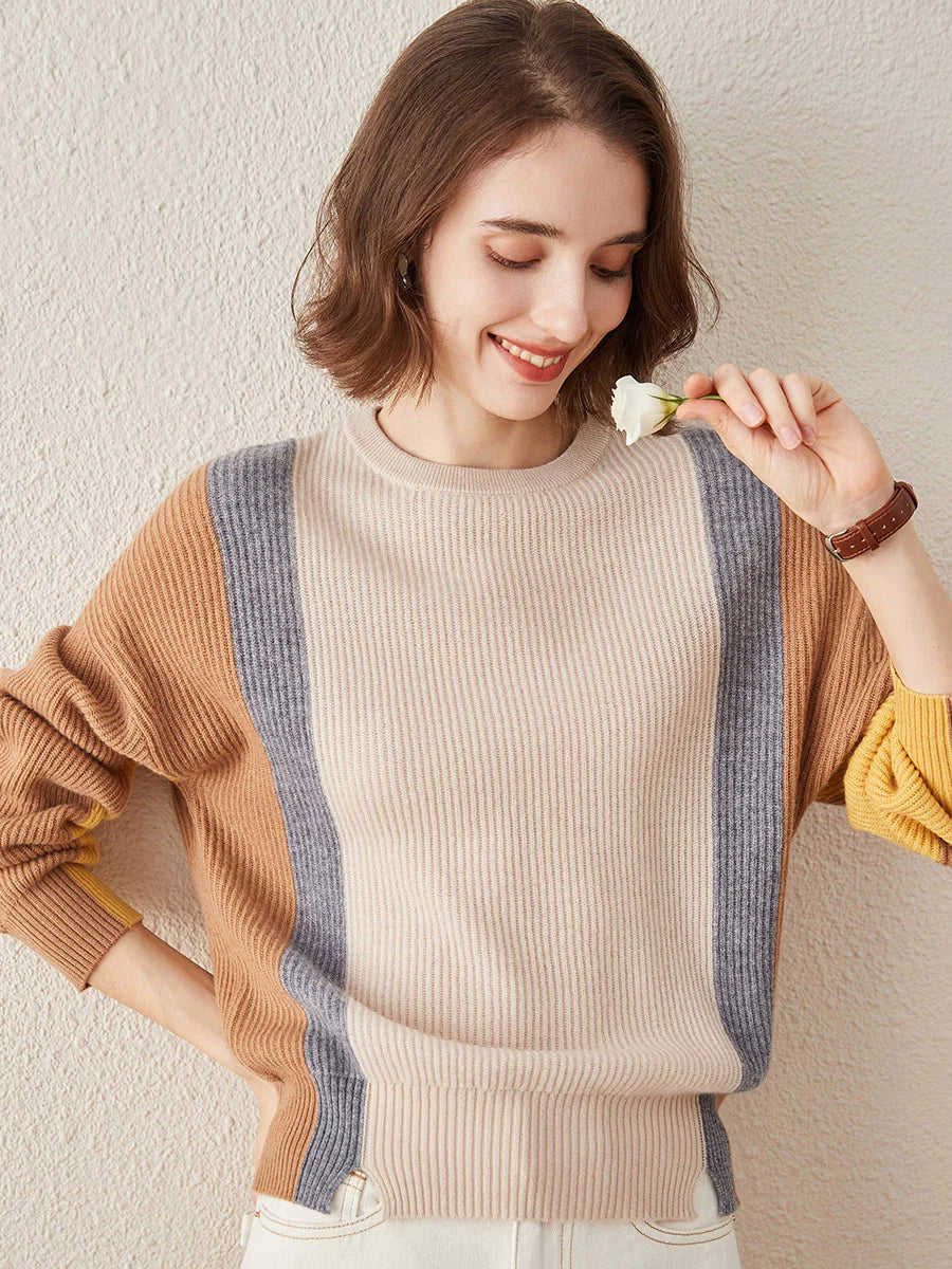 Women's Crew Neck 100% Pure Cashmere Fish Scale Inlay Sweater