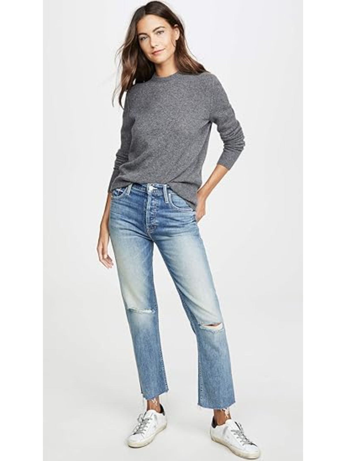 Women's Heather Grey 100% Cashmere Crew Sweater - Sanni Style, Customizable (Large)