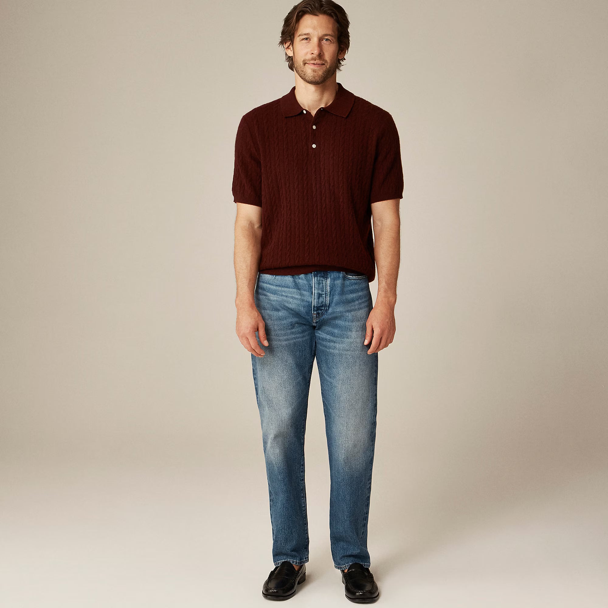 Short-Sleeve Cashmere Cable-Knit Sweater-Polo — Lightweight Luxury Knit