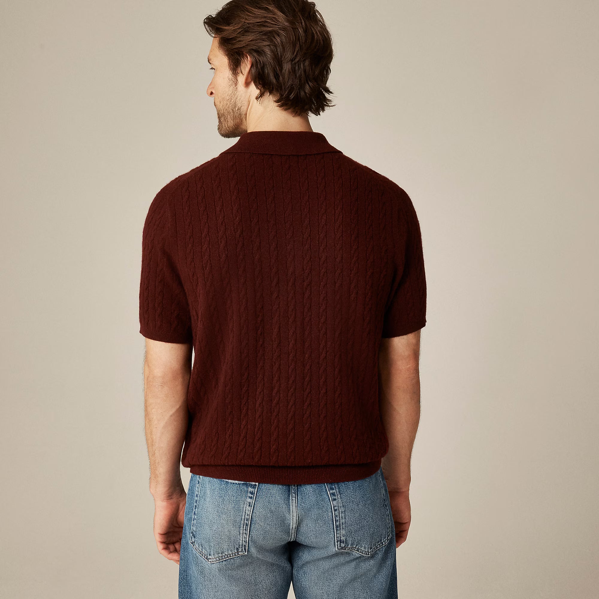 Short-Sleeve Cashmere Cable-Knit Sweater-Polo — Lightweight Luxury Knit