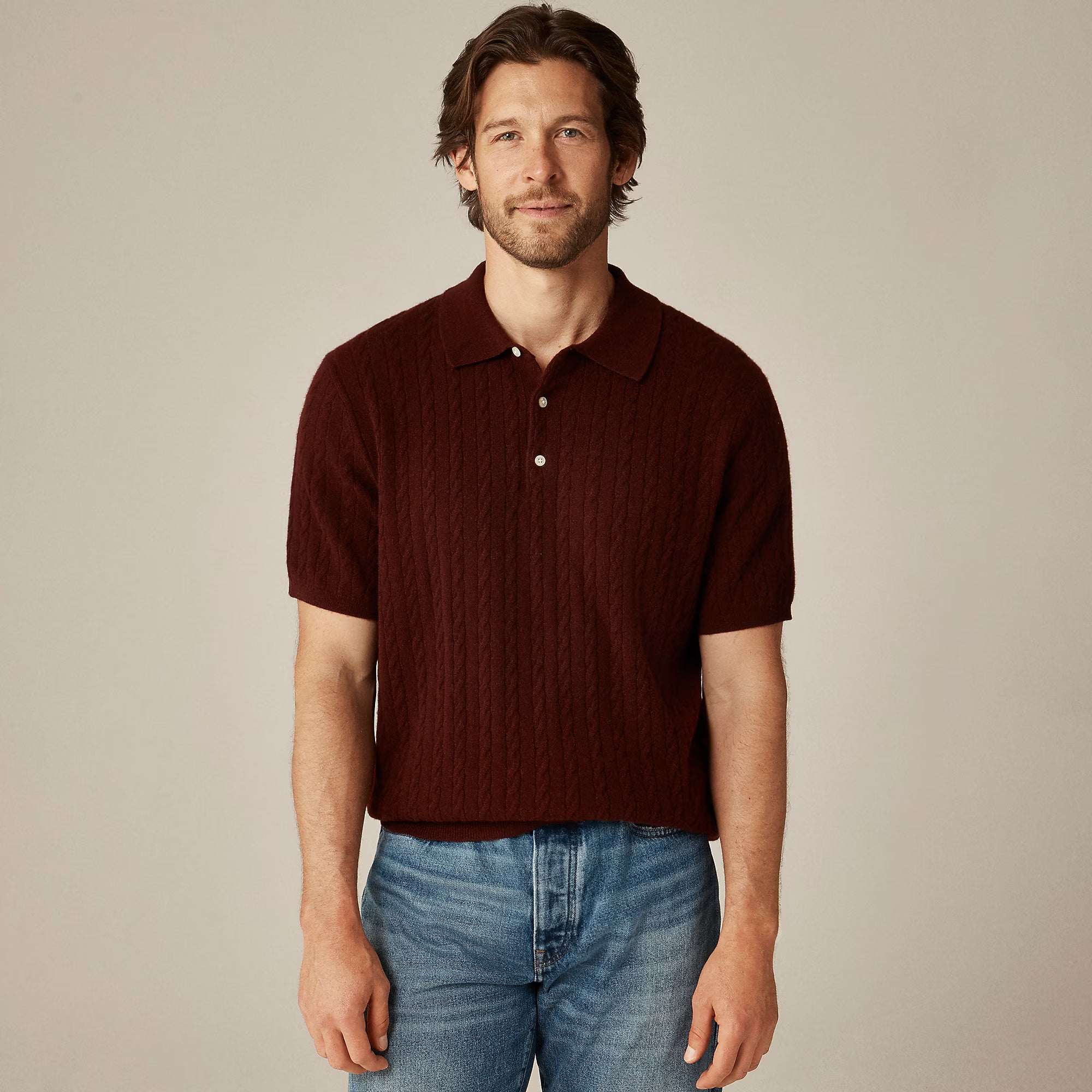 Short-Sleeve Cashmere Cable-Knit Sweater-Polo — Lightweight Luxury Knit