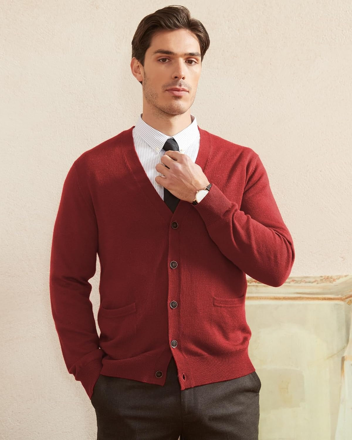 Men's Cardigan Sweater, 100% Cashmere V-Neck Button-Front Cardigan with Pockets