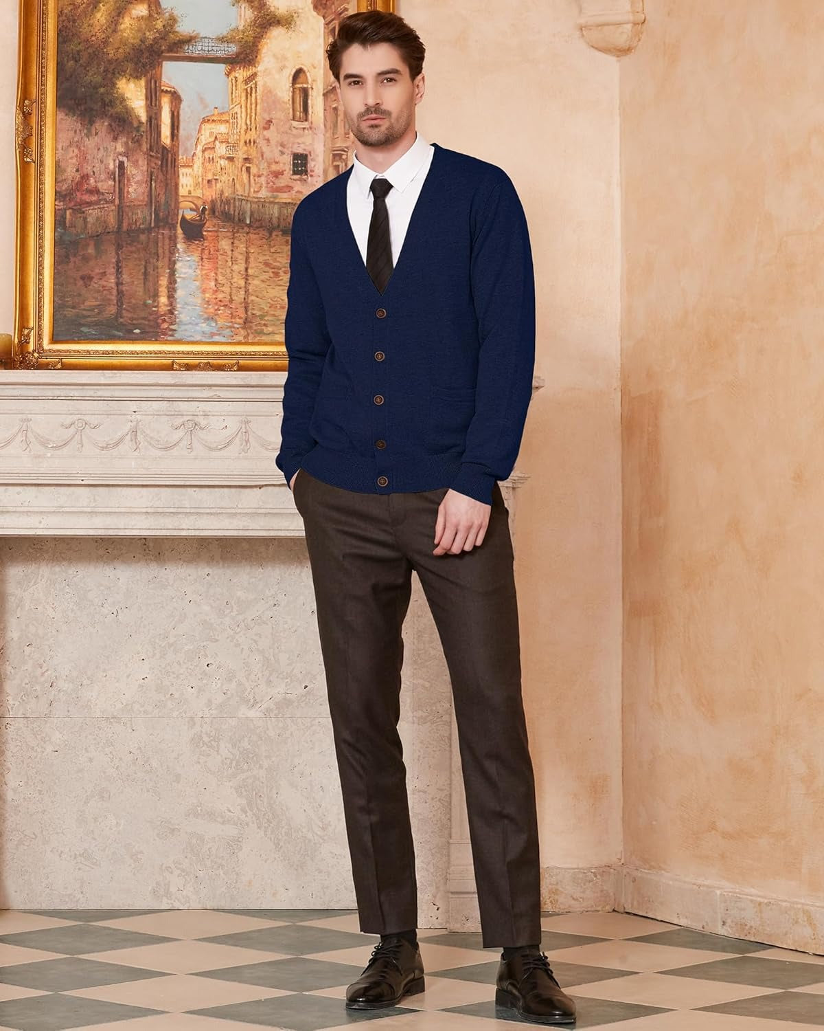 Men's Cardigan Sweater, 100% Cashmere V-Neck Button-Front Cardigan with Pockets