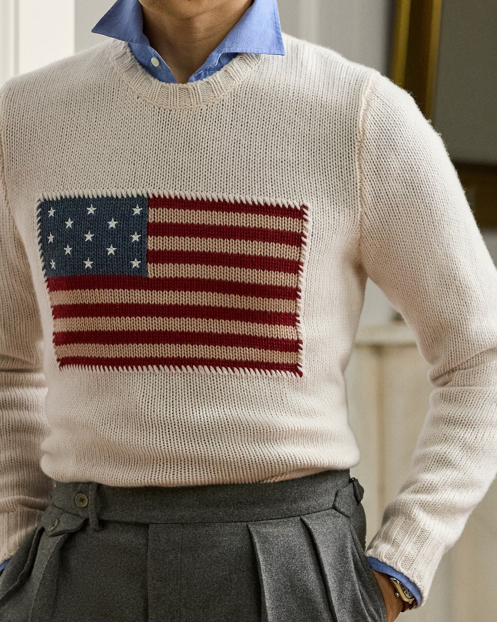 Flag Cashmere Crewneck Sweater — 100% Cashmere, Custom Fit & Personalized Embroidery