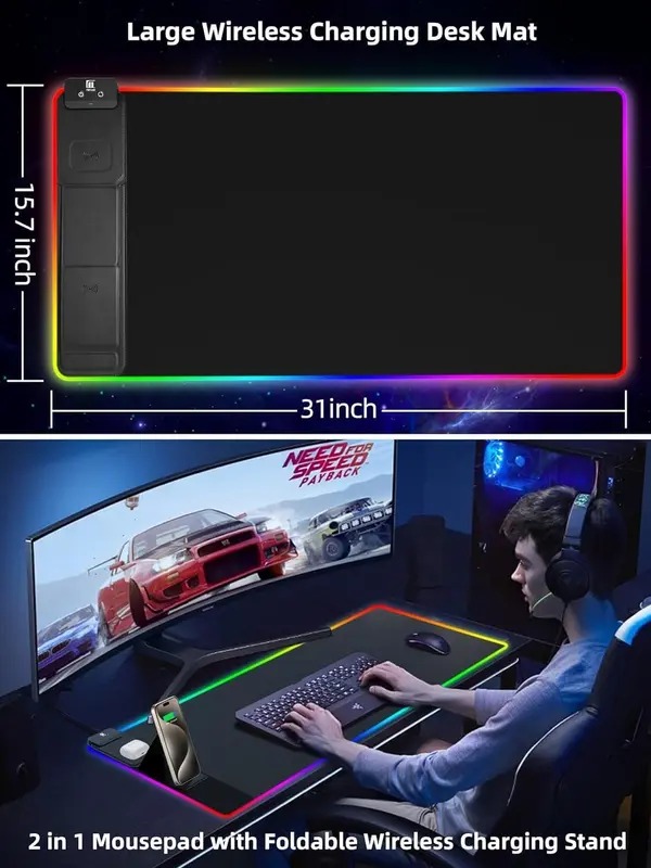 ✨led gaming mouse pad with magnetic wireless charging