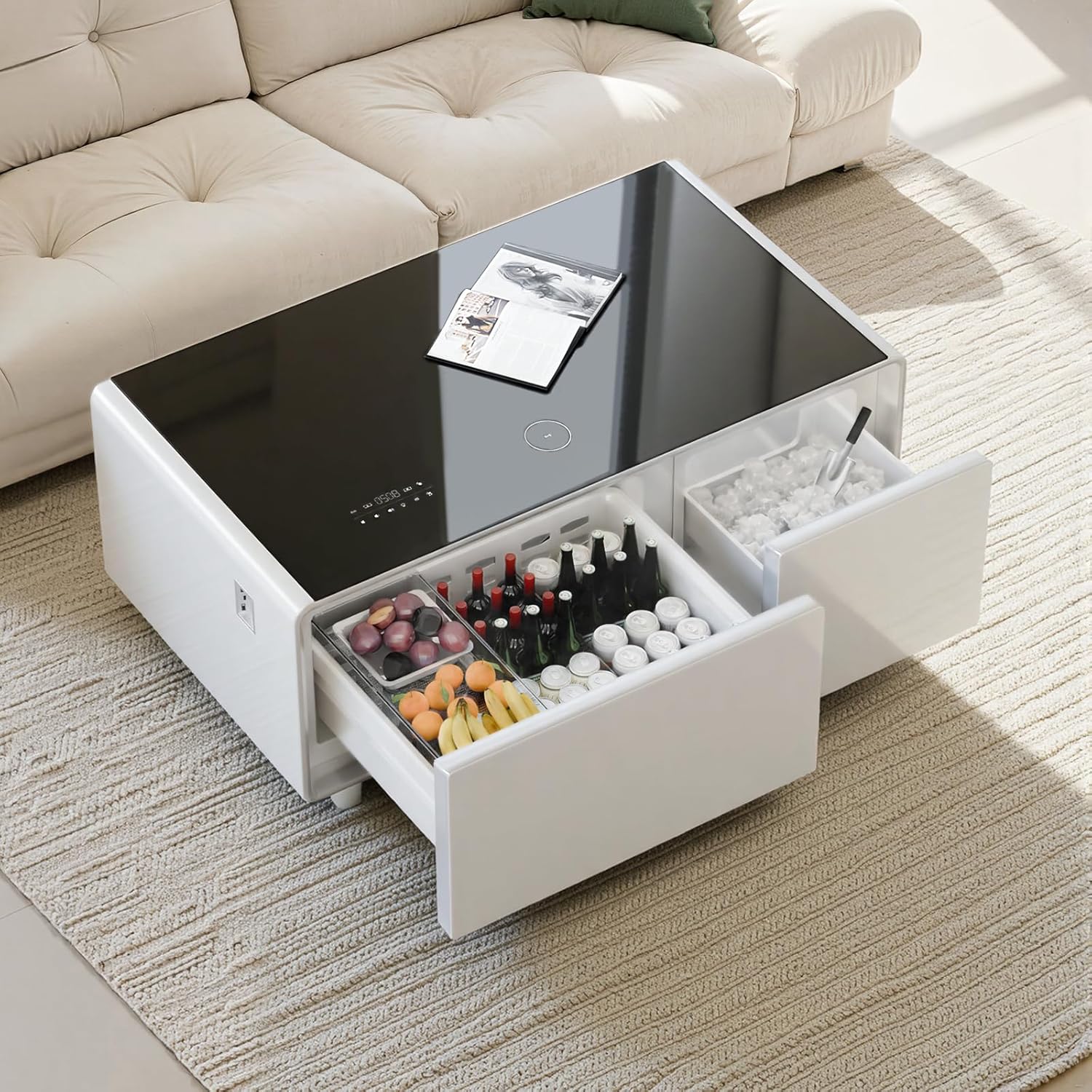 smart coffee table with built in fridge & wireless charging