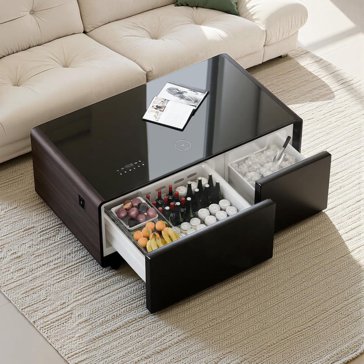 smart coffee table with built in fridge & wireless charging