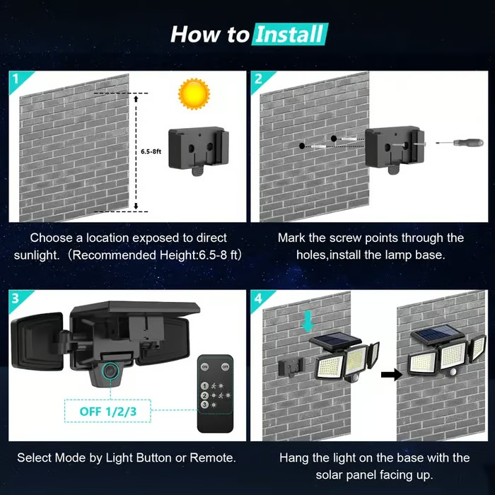 "Ultra-Bright 210 LED Solar Motion Sensor Light – 1000LM, 3 Adjustable Heads, Remote Control, IP44 Waterproof for Outdoor Security" - Image 7
