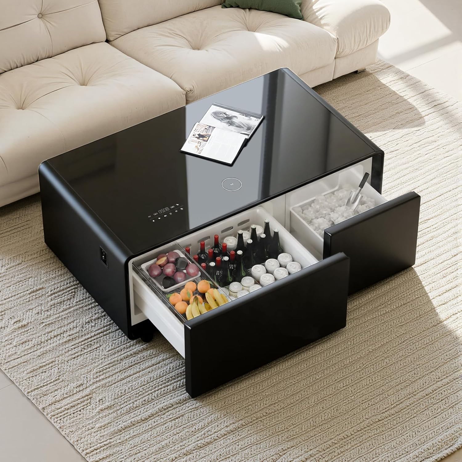 smart coffee table with built in fridge & wireless charging