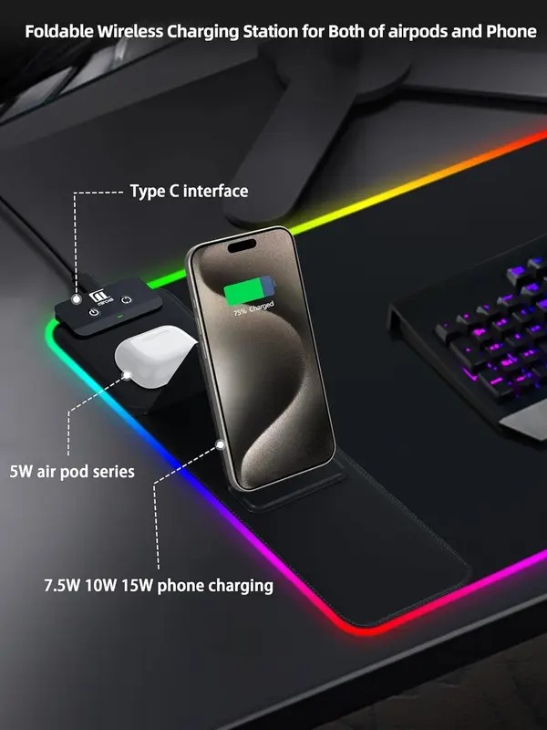 ✨led gaming mouse pad with magnetic wireless charging