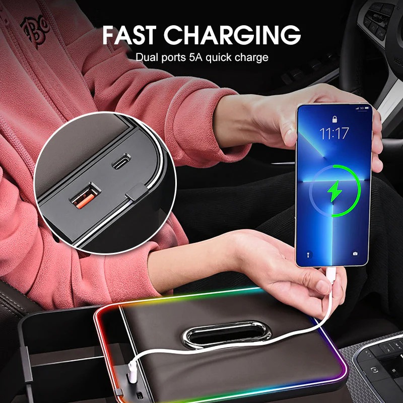 armrest storage box with led ambient lighting